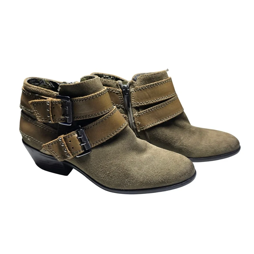 Sam Edelman Pippen Olive Green Suede Leather Moto Ankle Boots Sz. 4M Buckle Boho